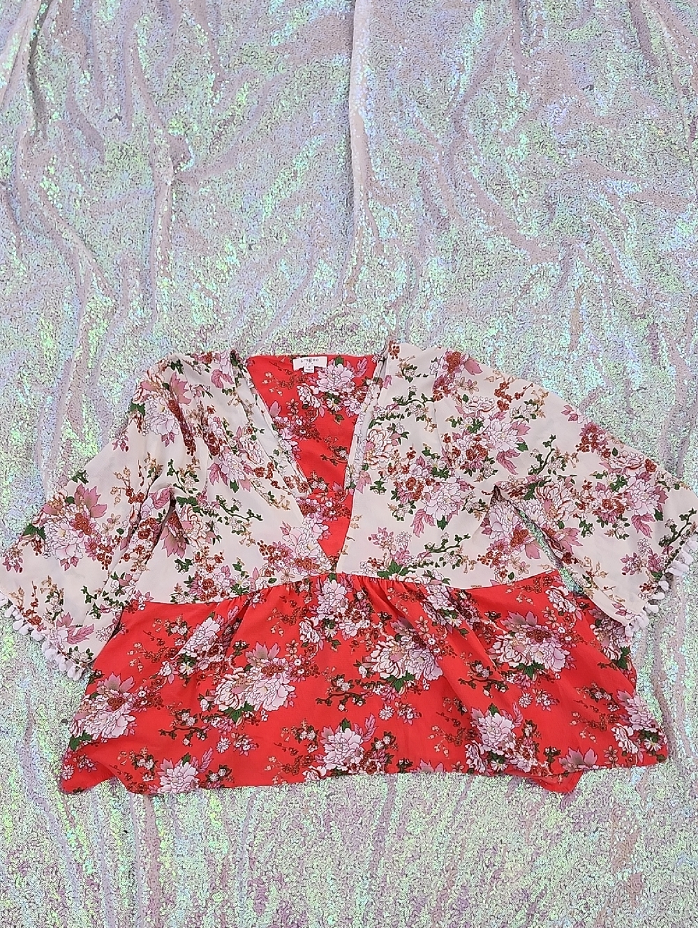 Umgee USA Floral Mixed-Panel Babydoll Top - Pink & Cream So Adorable! Medium!!!